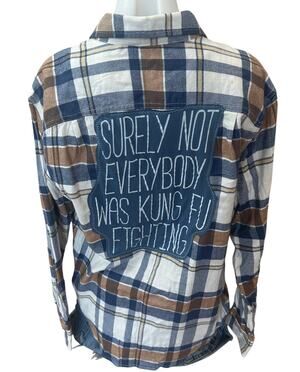 Surely Not Everybody Was Kung Fu Fighting Plaid Flannel Shirt SMALL Oversized